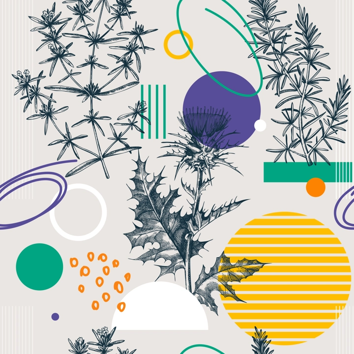 Collage-style summer background. Hand-sketched herbs seamless pattern. Trendy design with botanical sketches and geometric shapes. Elegant flowers for print, poster, fabric and wrapping paper